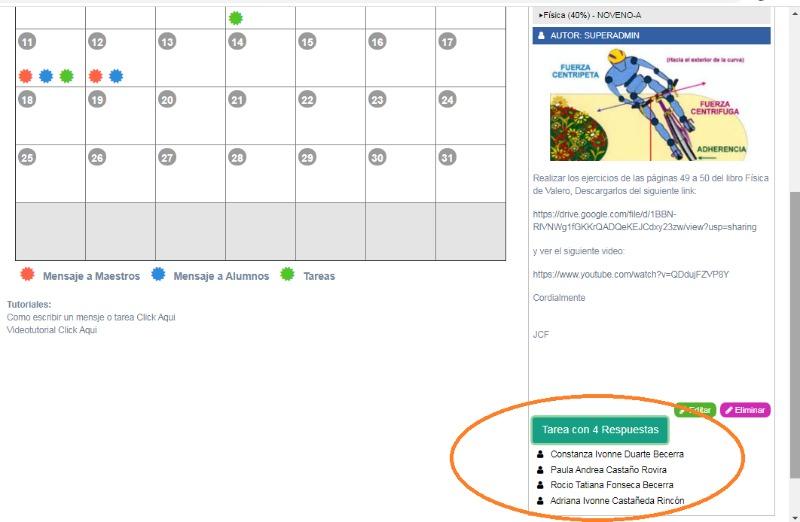 Mensaje de respuesta en la agenda del profesor